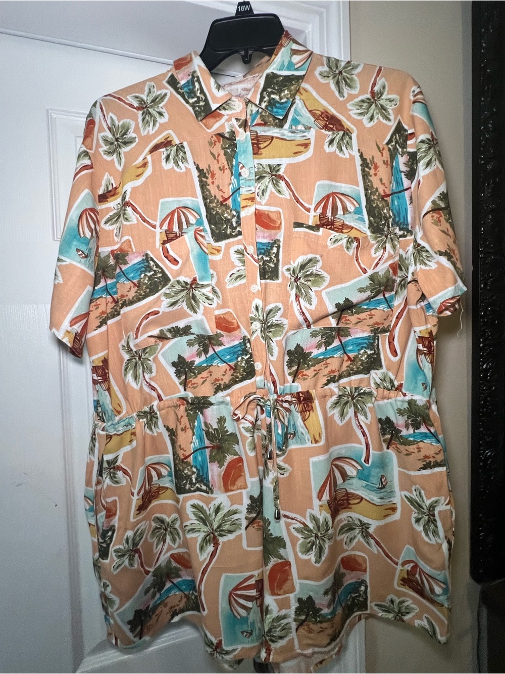 Ladies Linen Blend Tropical Palm Print Tie-Waist Romper Shorts in Peach & Aqua